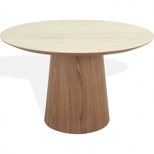 Arbor 47" Round Dining Table in Travertine Look Ceramic & Walnut Veneer